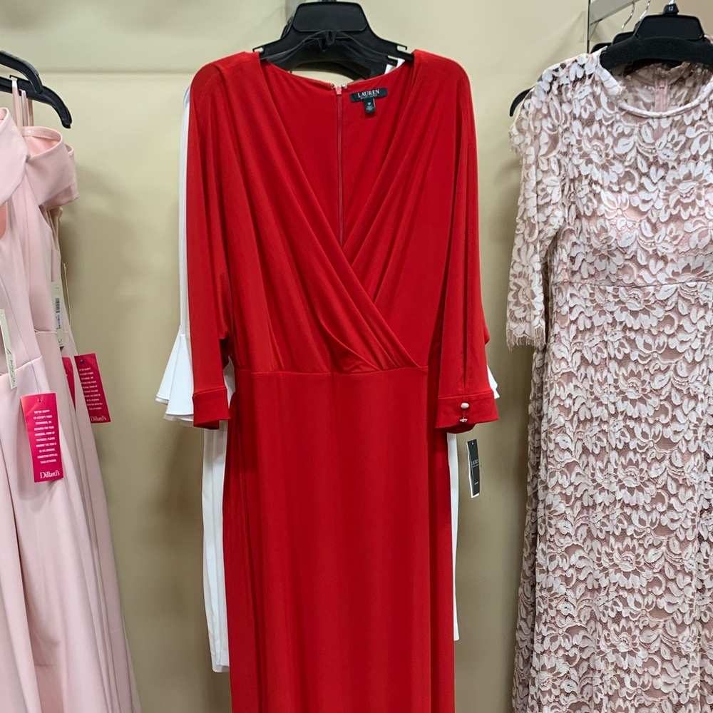 NWT Stunning belted red Ralph Lauren dress..rhinestone buttons on each sleeve